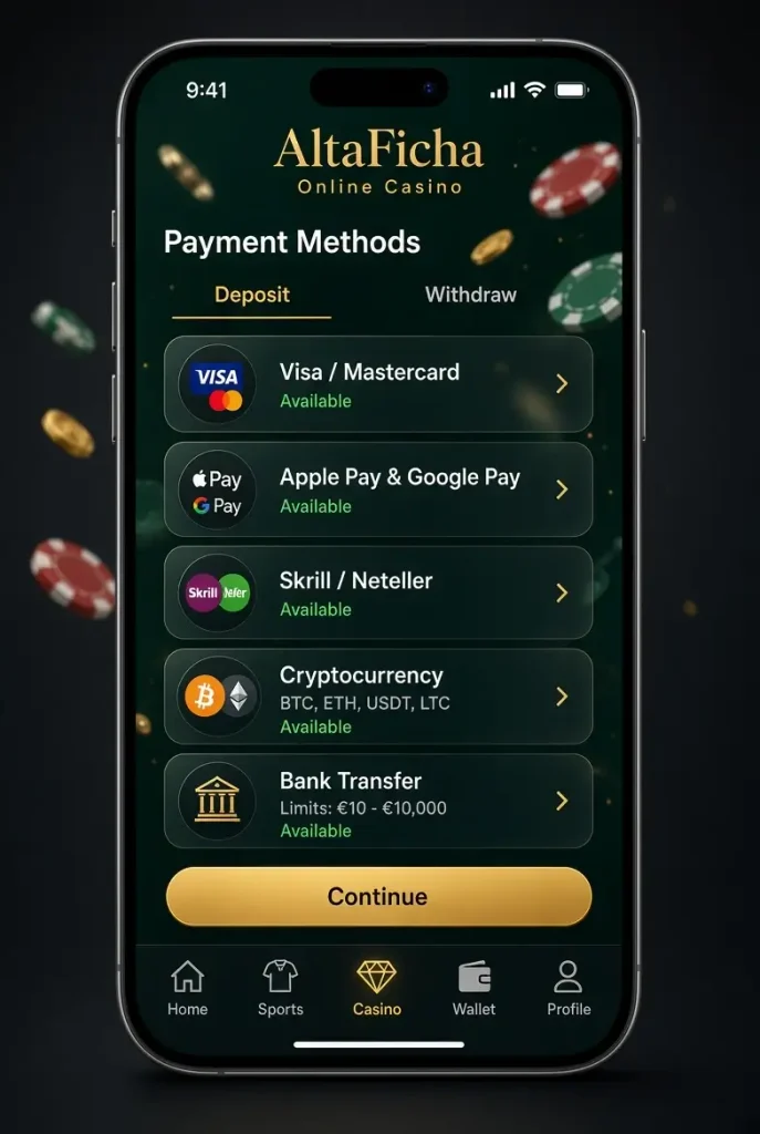 Phone with Alta Ficha deposit methods